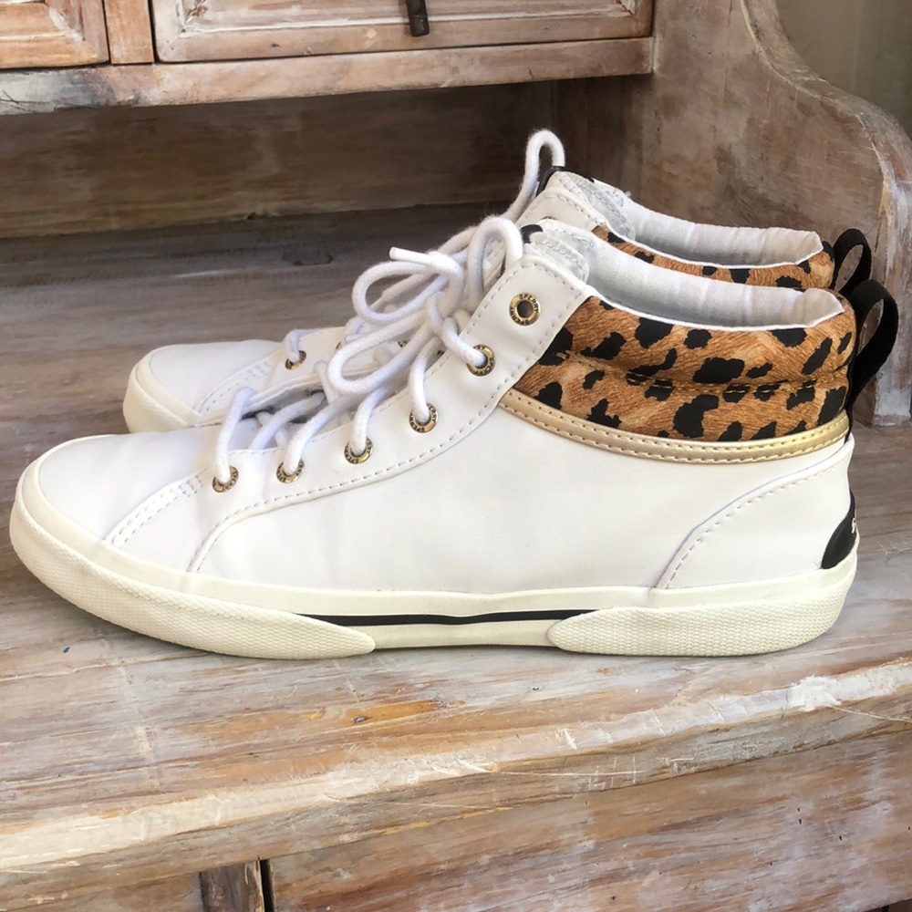 Sperry White Sneakers with Leopard Accent